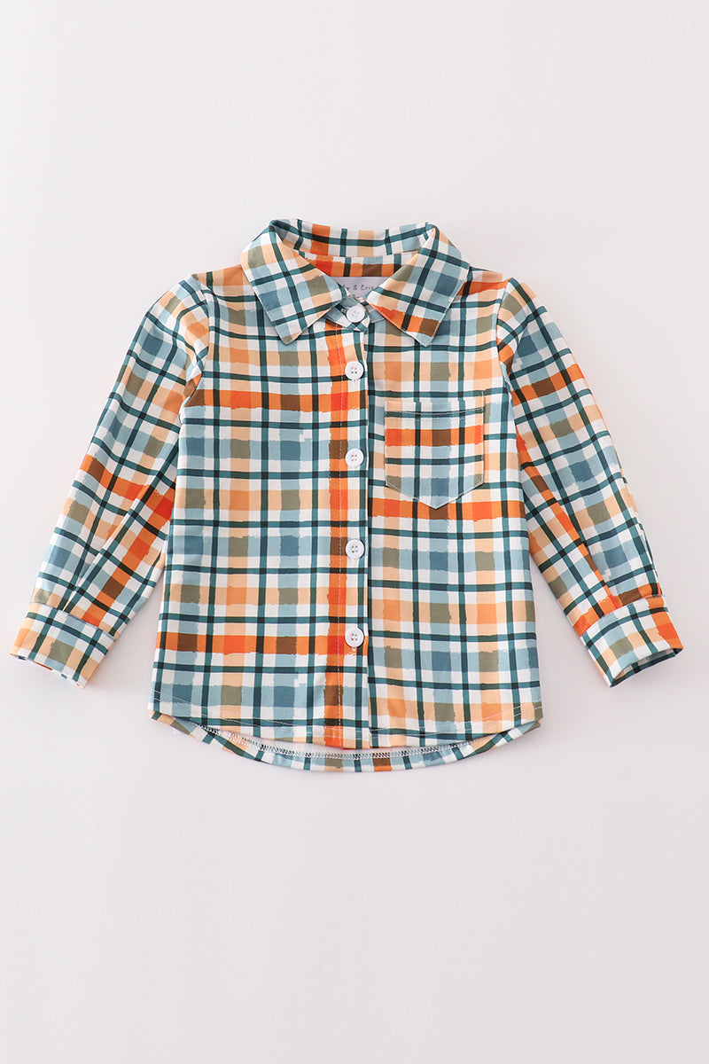 Blue & Orange Plaid Button Down Shirt