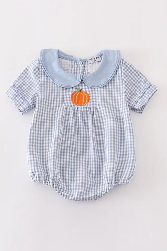 Blue Gingham Pumpkin Embroidery Boy Bubble